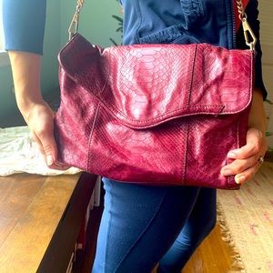 Rebecca minkoff leather snakeskin embossed shoulder bag in burgundy